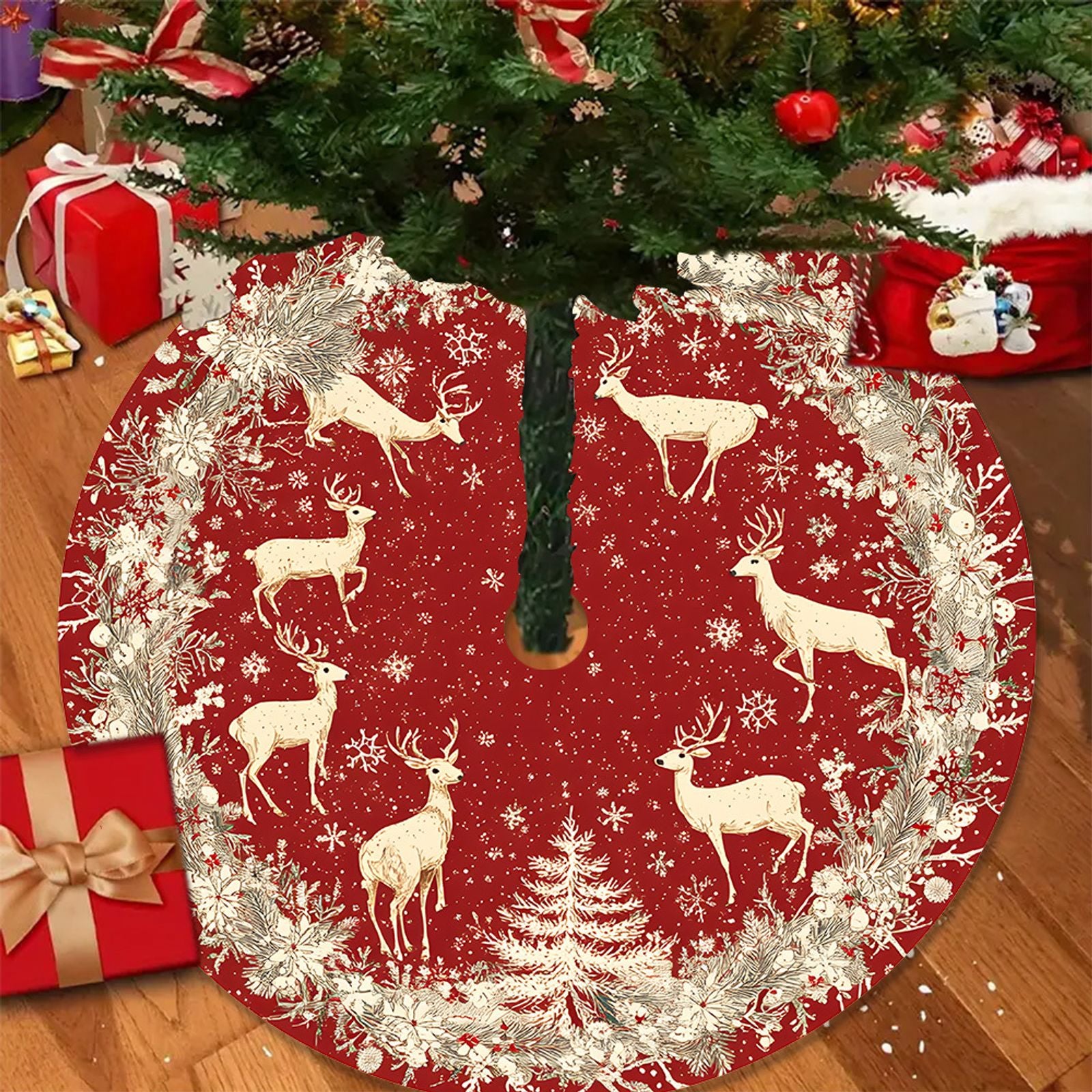 Christmas Tree Skirt in Red and Gold with Deer Design