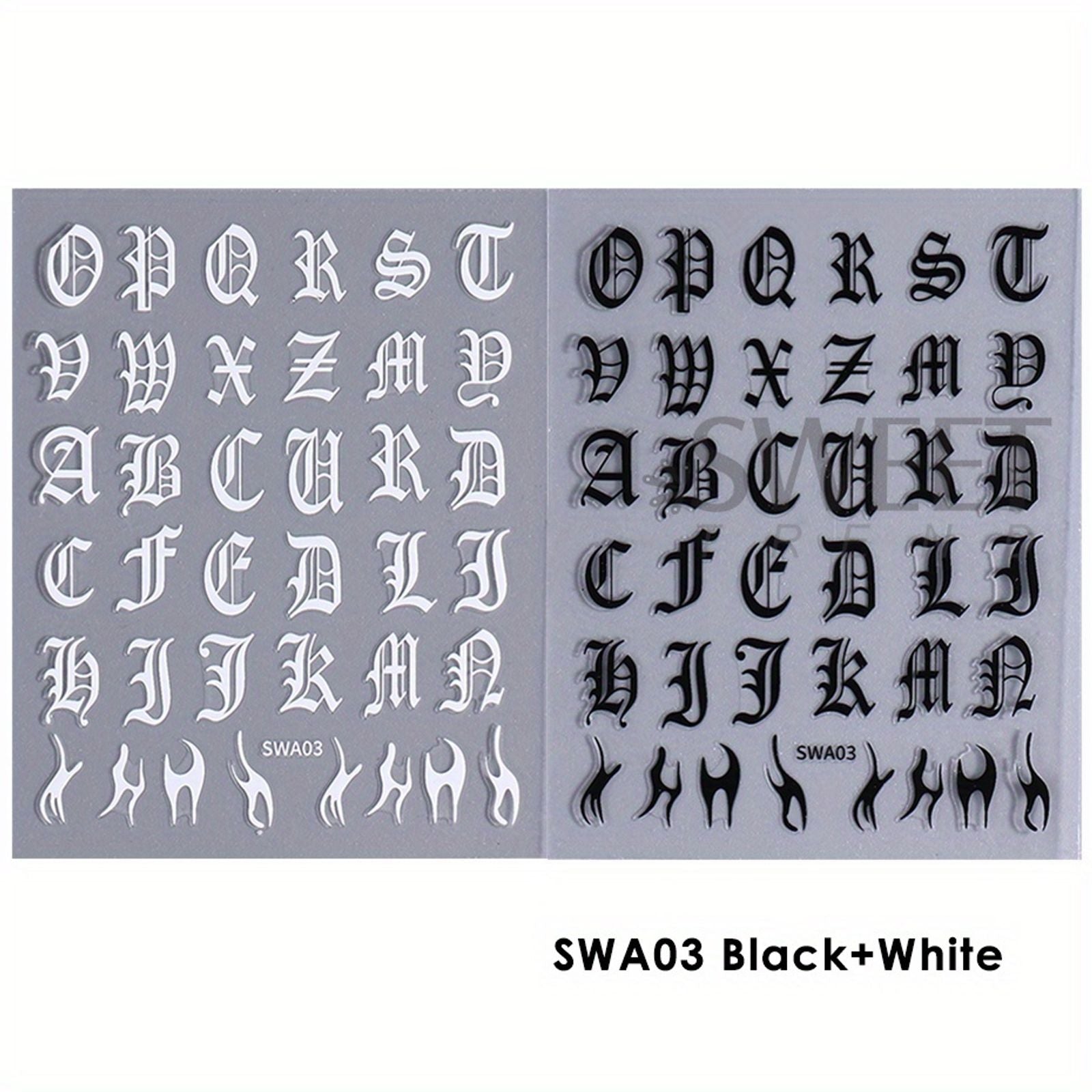 2pcs Gothic Letter Nail Stickers - Black & White Alphabet Design