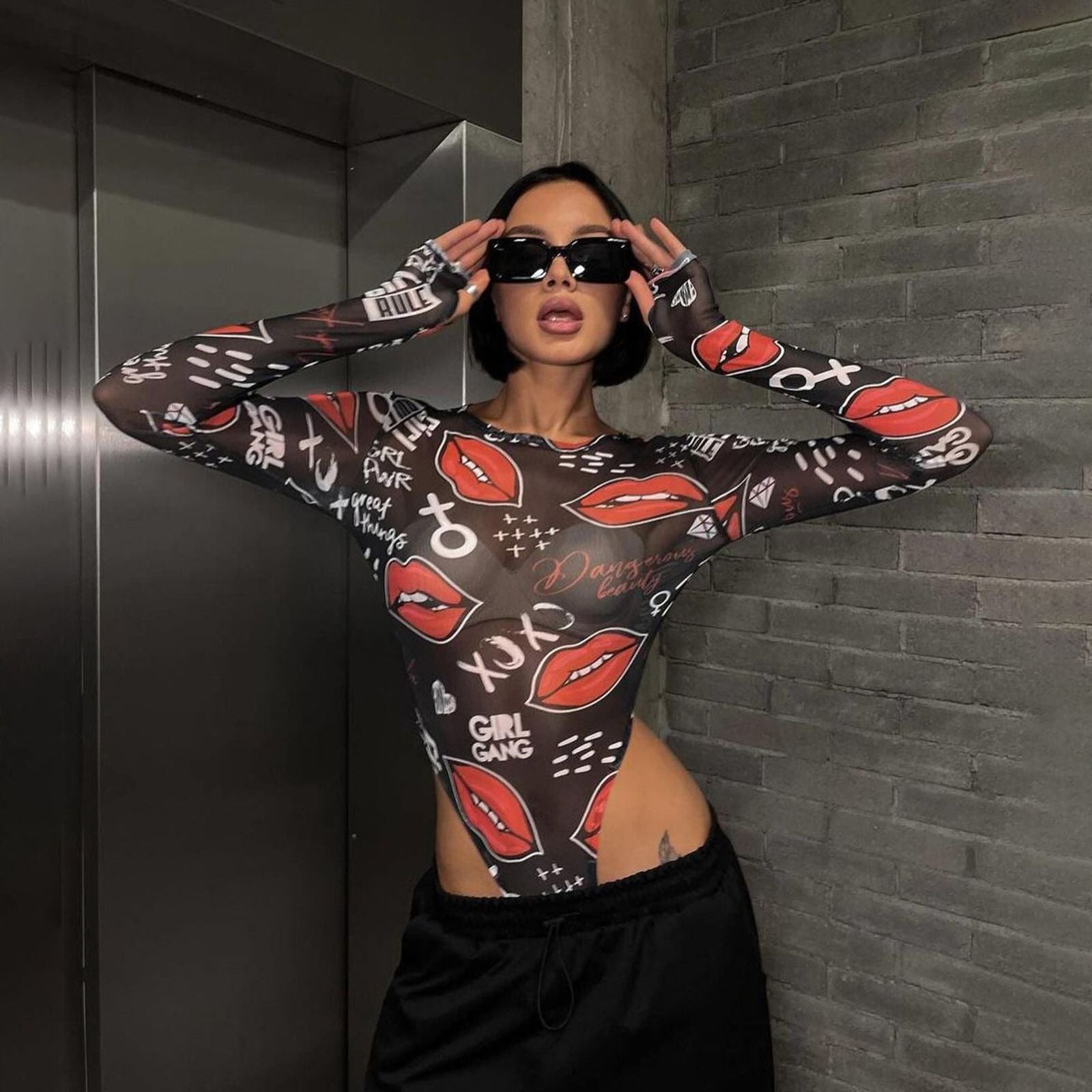 Gothic Printed Long Sleeve Bodysuit Jumpsuit for Women