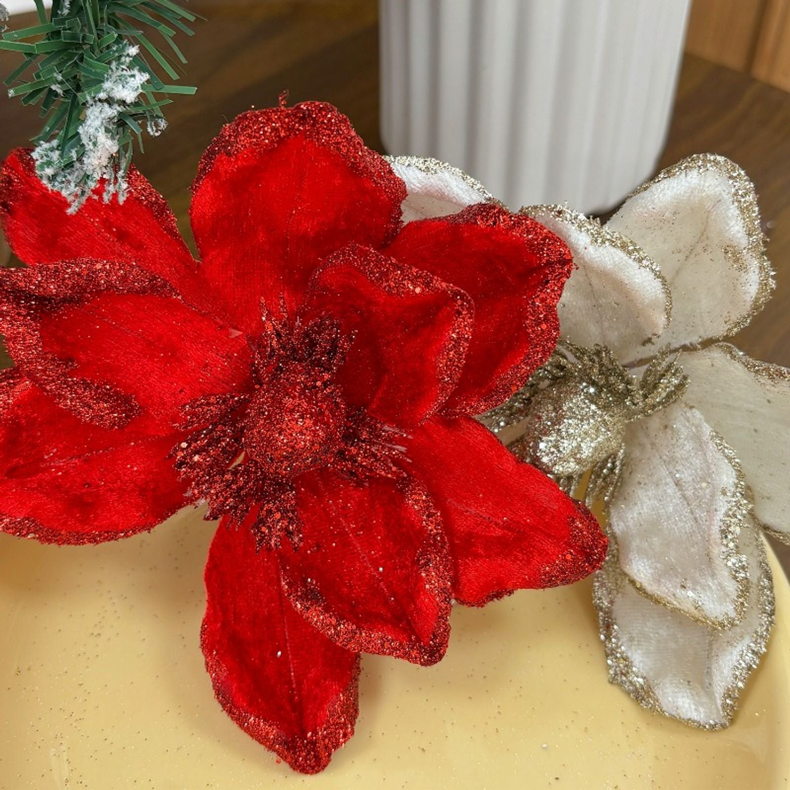 3/5pcs Red and White Artificial Glitter Christmas Flowers