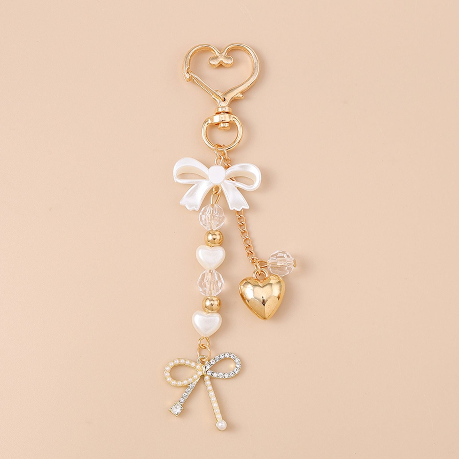 Cute Bowknot Love Heart Keychain with Crystal and Pearl