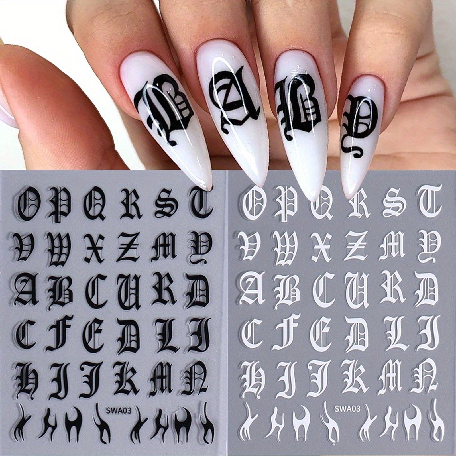 Gothic Letter Nail Stickers - 2 Pcs Black & White