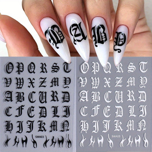 Gothic Letter Nail Stickers - 2 Pcs Black & White