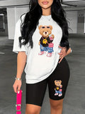 Summer Women's Bear Cartoon Print T-Shirt and Shorts Set