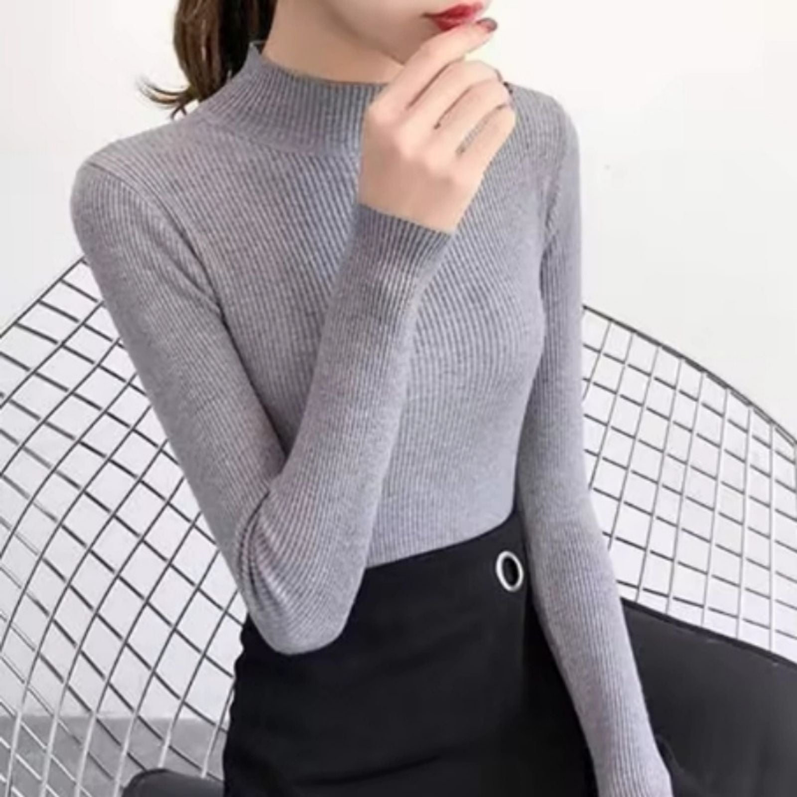 Autumn Winter Mock Neck Women's Vintage Knitted Sweater