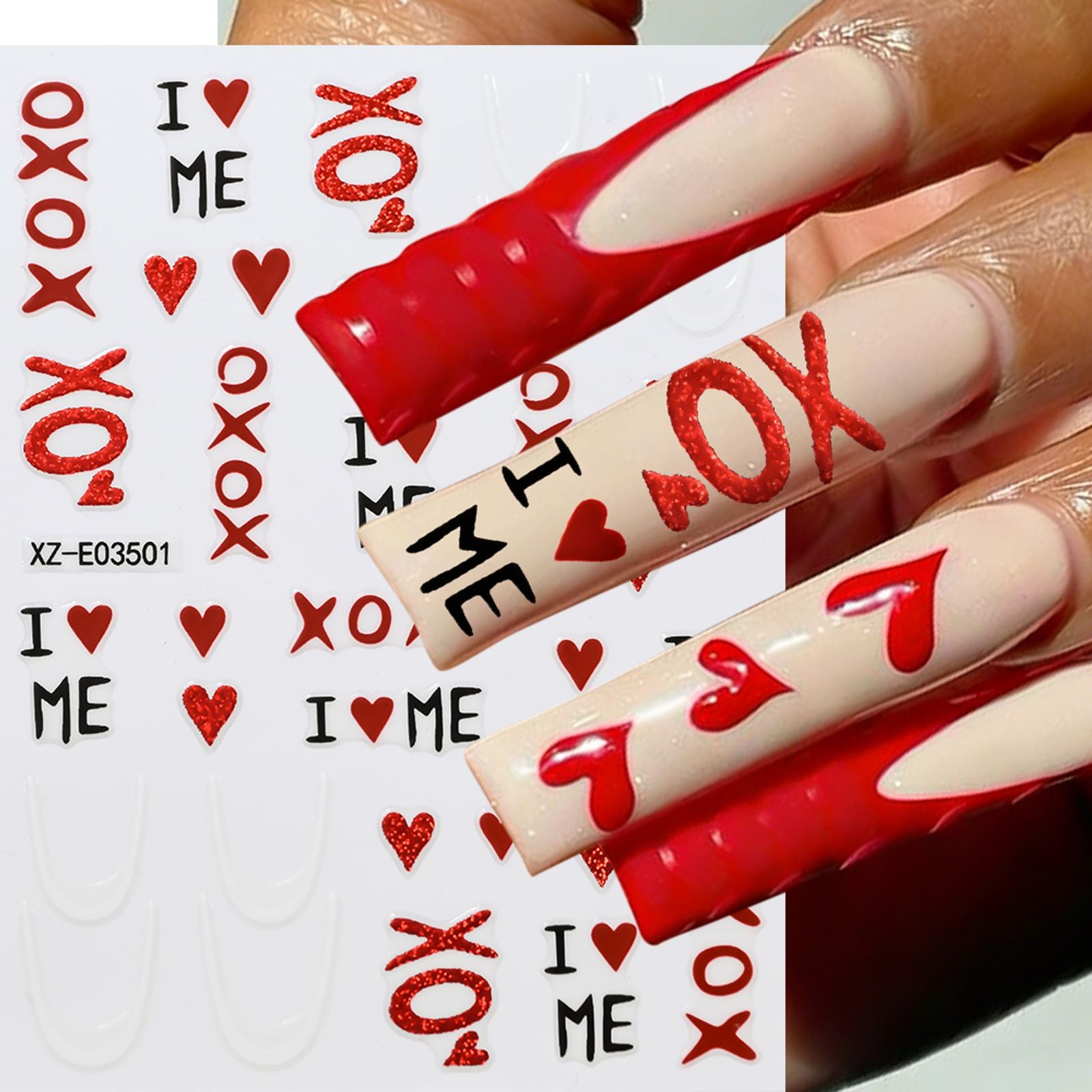XOXO Valentine's Day 3D Red Glitter Heart Nail Stickers