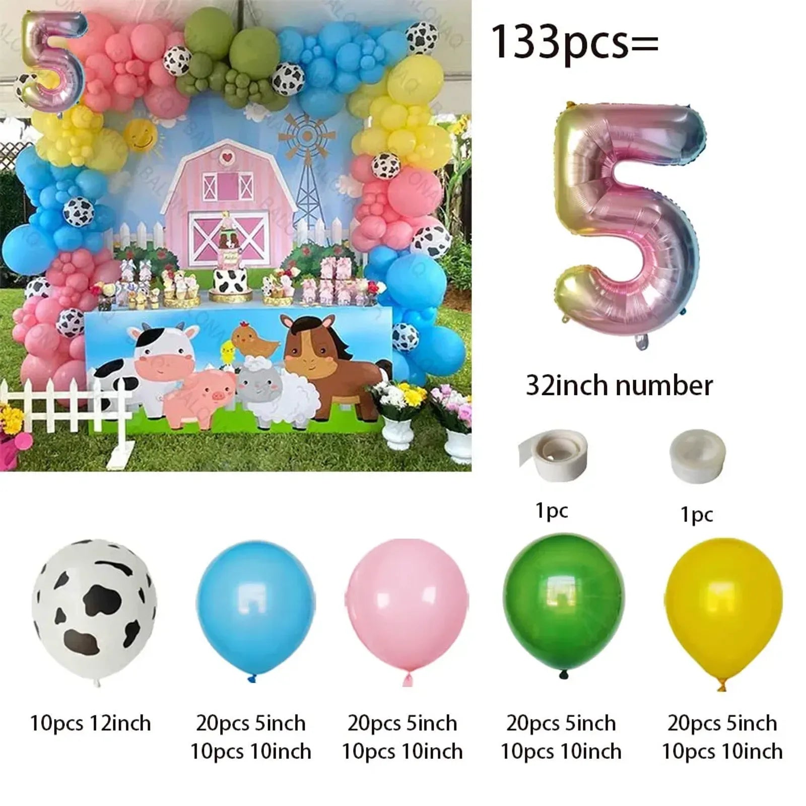133pcs Farm Theme Animal Birthday Party Balloon Set