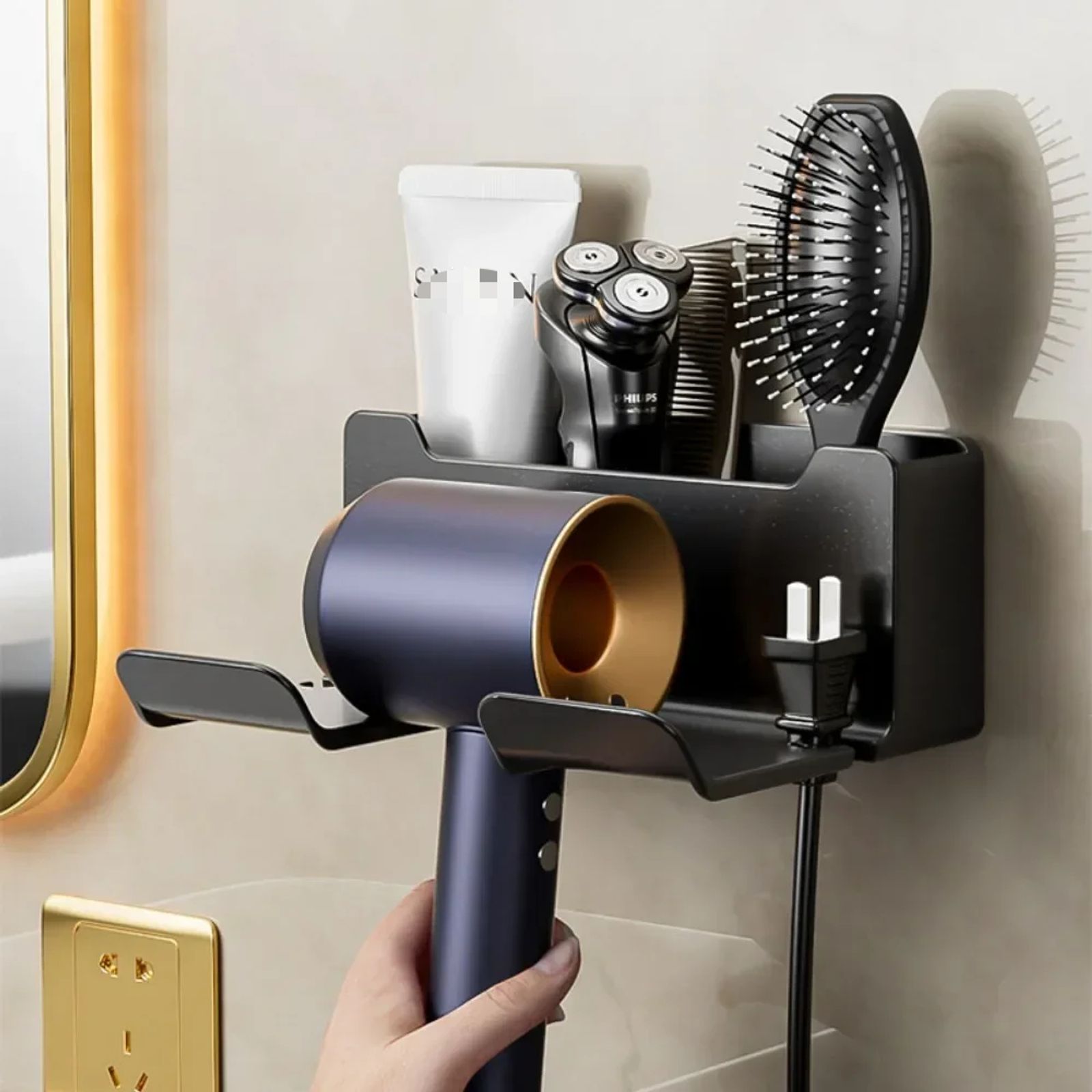 Wall-Mounted Hair Dryer Holder and Organizer