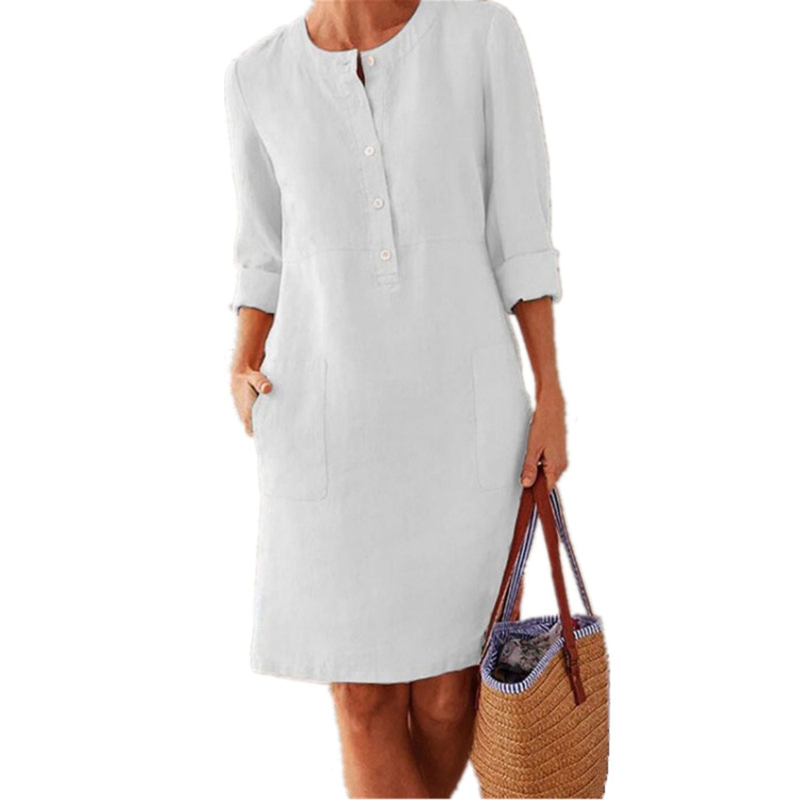 Women's Casual Long Sleeve Cotton Linen Tunic Dress