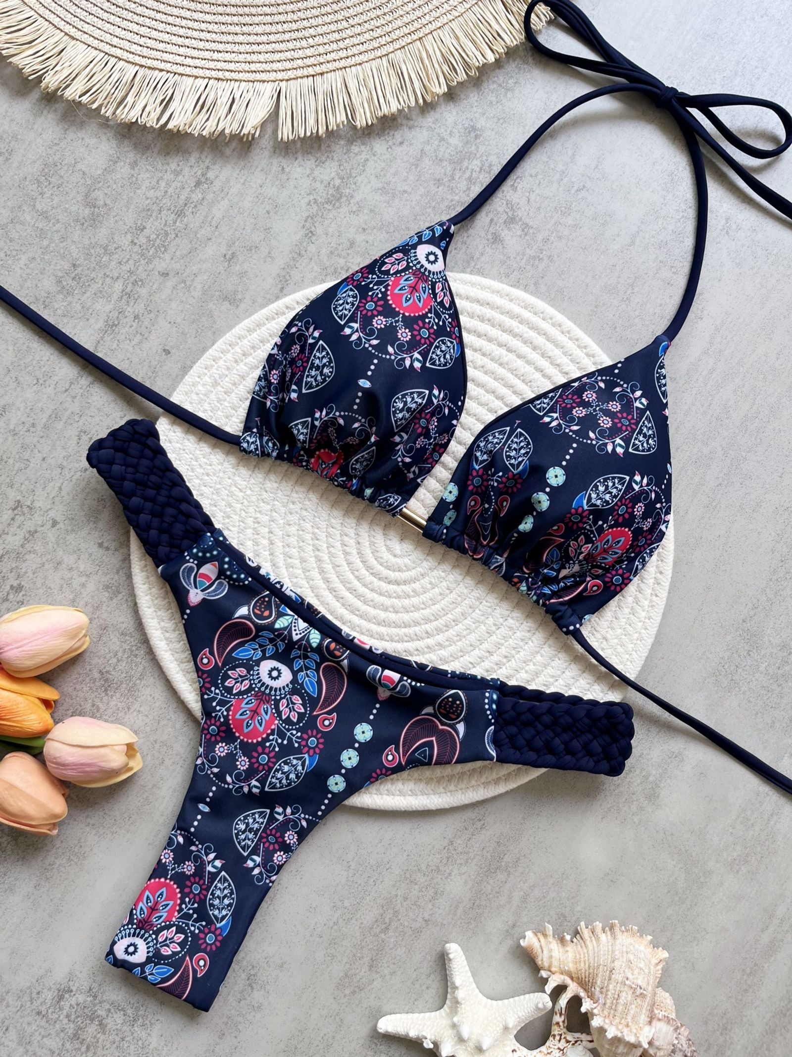 Print Halter Mini Thong High Cut Bikini Set