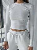 Women’s Ribbed O Neck Long Sleeve Cropped Top