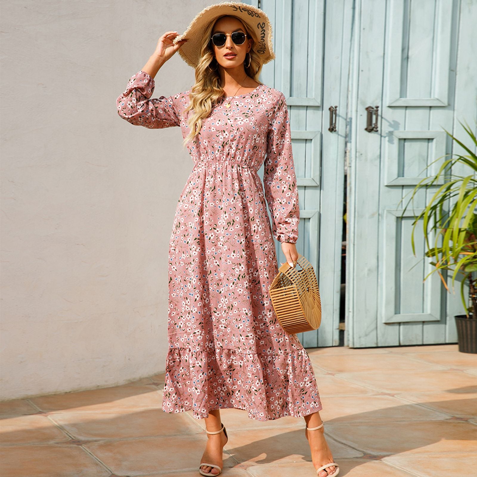 Women’s Bohemian Floral Maxi Dress with Full Sleeves