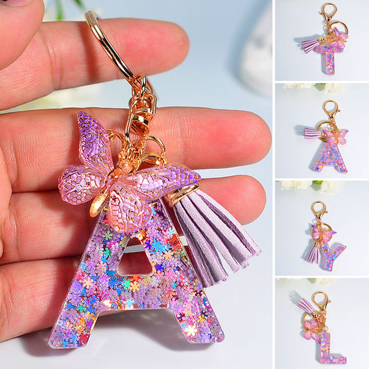 Dreamy Sequin Initial Keychain with Butterfly Pendant
