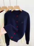 Women's O-Neck Heart Button Sweater Cardigan with Bow Embroidery