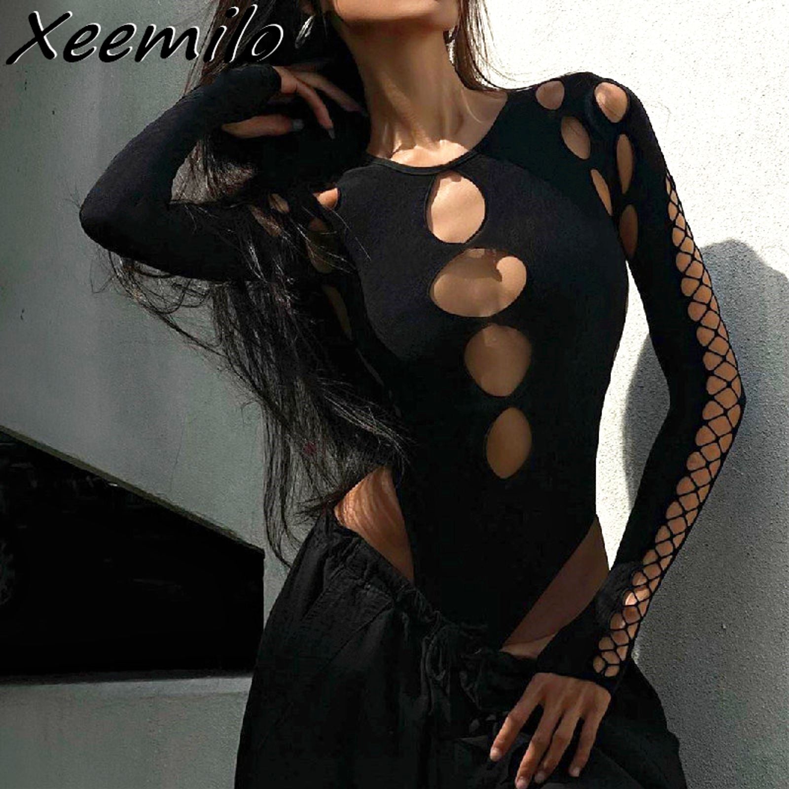 Xeemilo Dot Hollow Out Long Sleeve Bodysuit