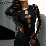 Xeemilo Dot Hollow Out Long Sleeve Bodysuit