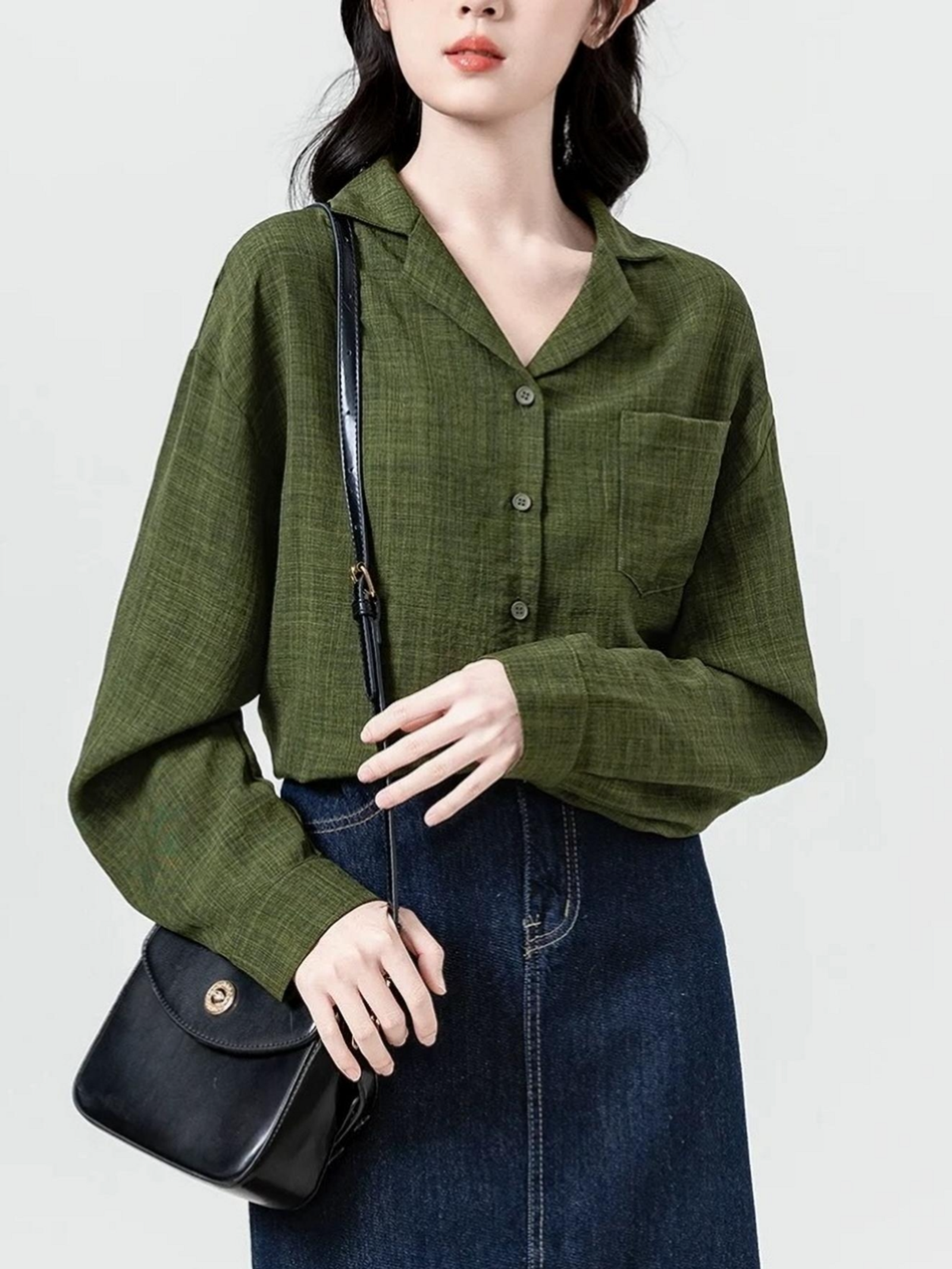 Hong Kong-Style Retro Green Long-Sleeved Shirt for Women