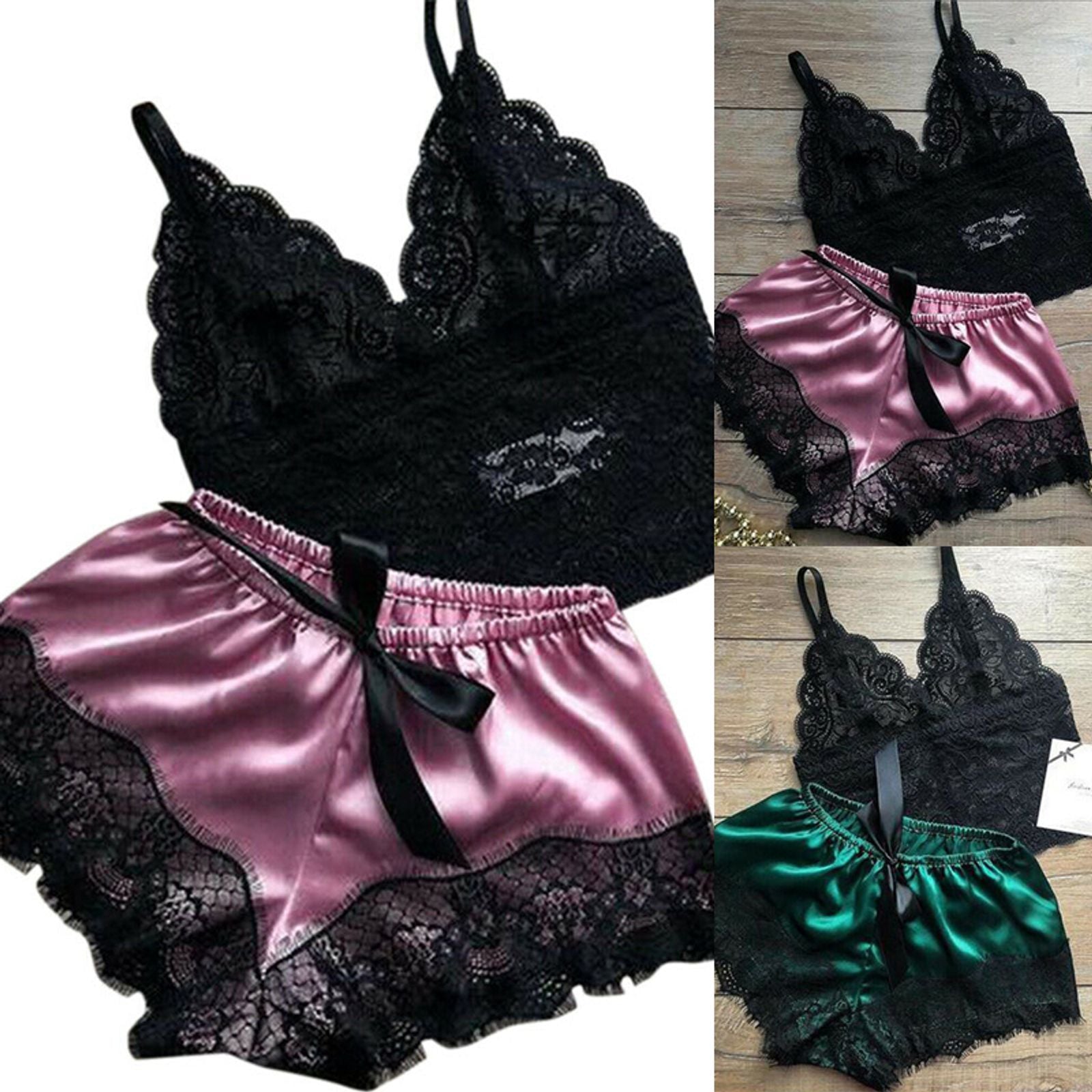 2PC Womens Lace Sleepwear Lingerie Set with Shorts