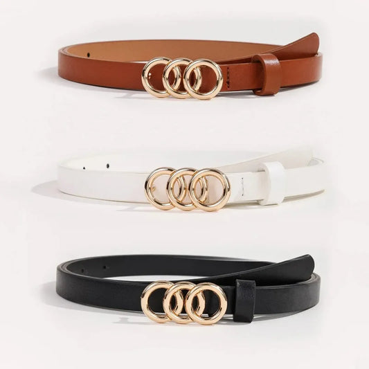 Triple Rings Buckle Thin PU Leather Belt