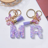 A-Z Sequins Initial Letter Keychain with Purple Butterfly Tassel