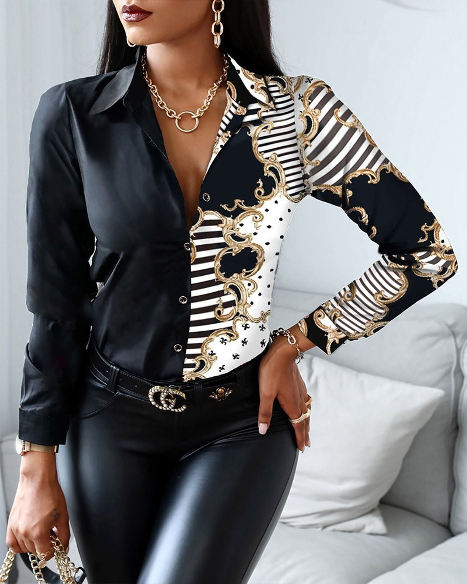 Women’s Fashion Turn-Down Collar Long Sleeve Blouse