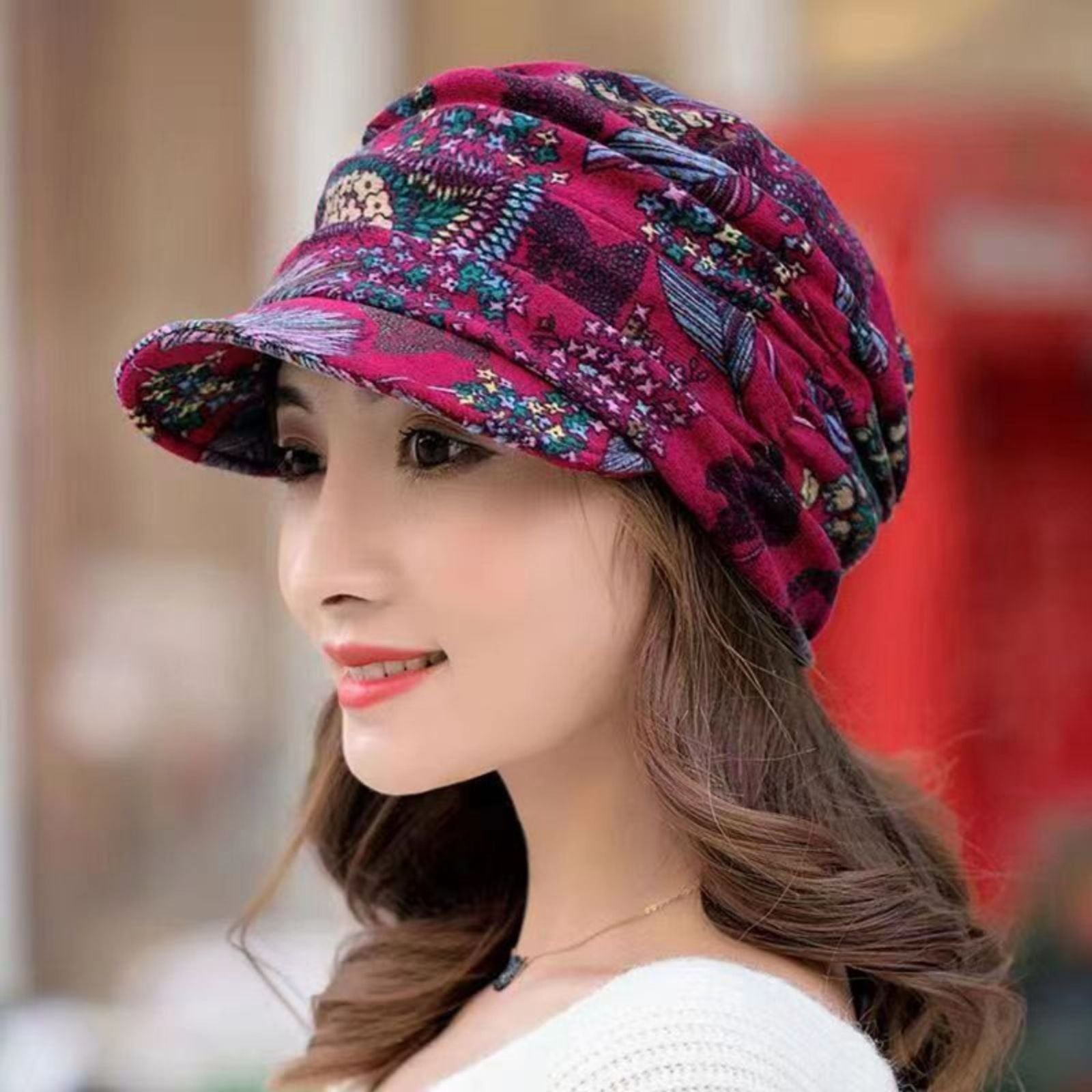 Women’s Peaked Cap with Earflaps - Floral Print