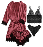 4pcs Women's Striped Lingerie Set with Lace Trim