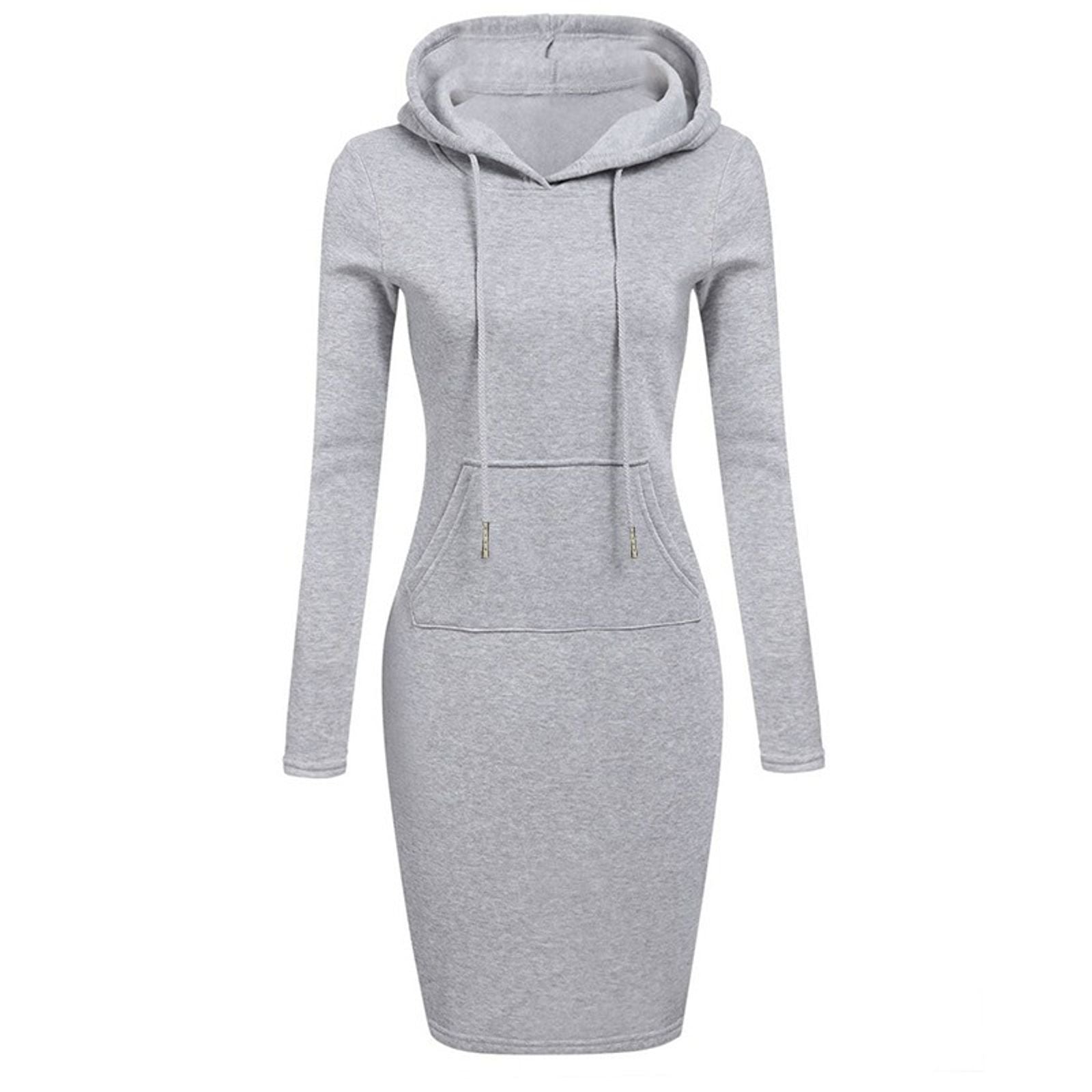 Women’s Hooded Knee-Length Pocket Dress - Casual Warm Sweatshirt