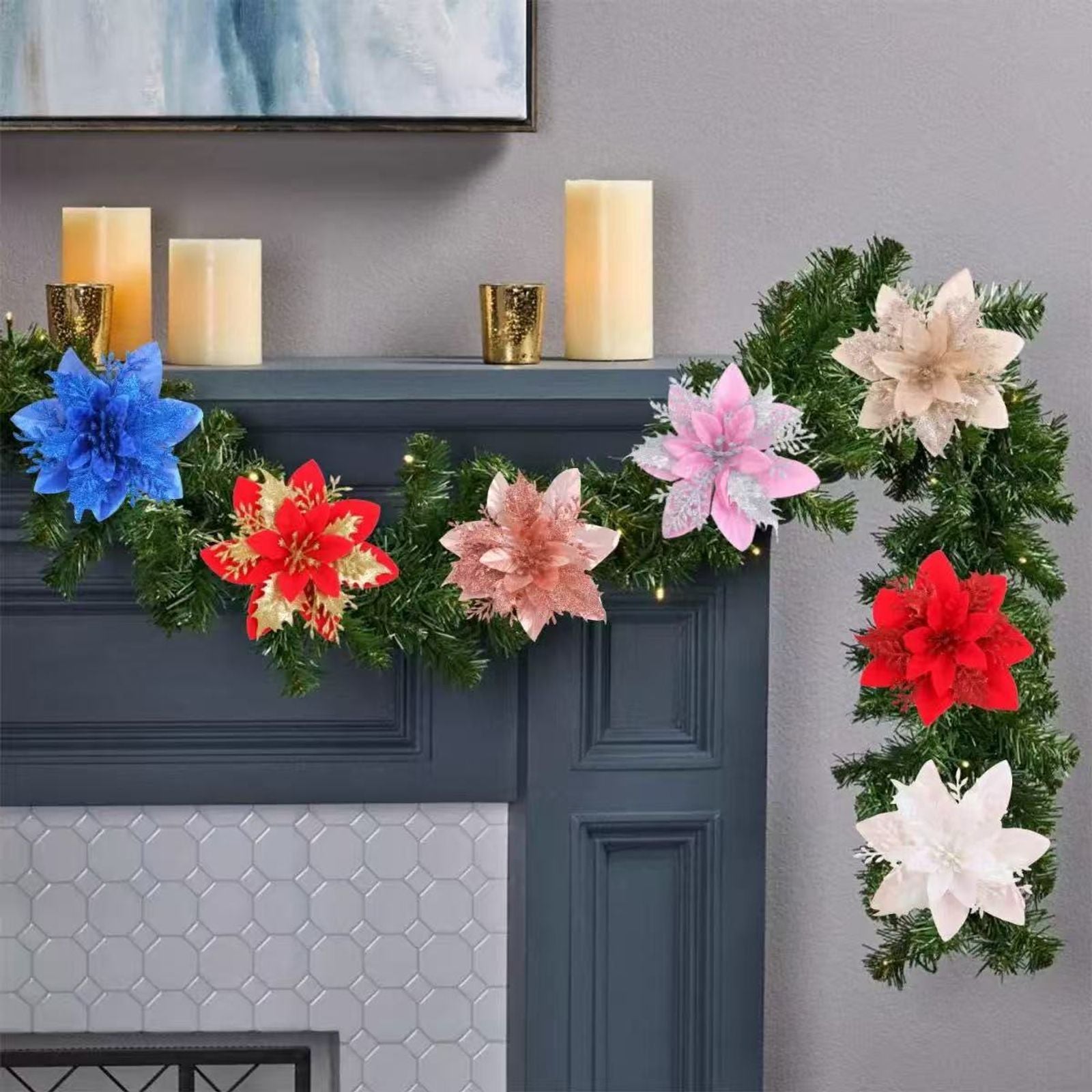 20 Pcs Glitter Artificial Christmas Flowers for Holiday Decor