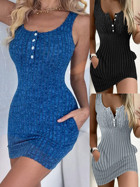 Button Front Pocket Tank Dress - Elegant Bodycon for Summer