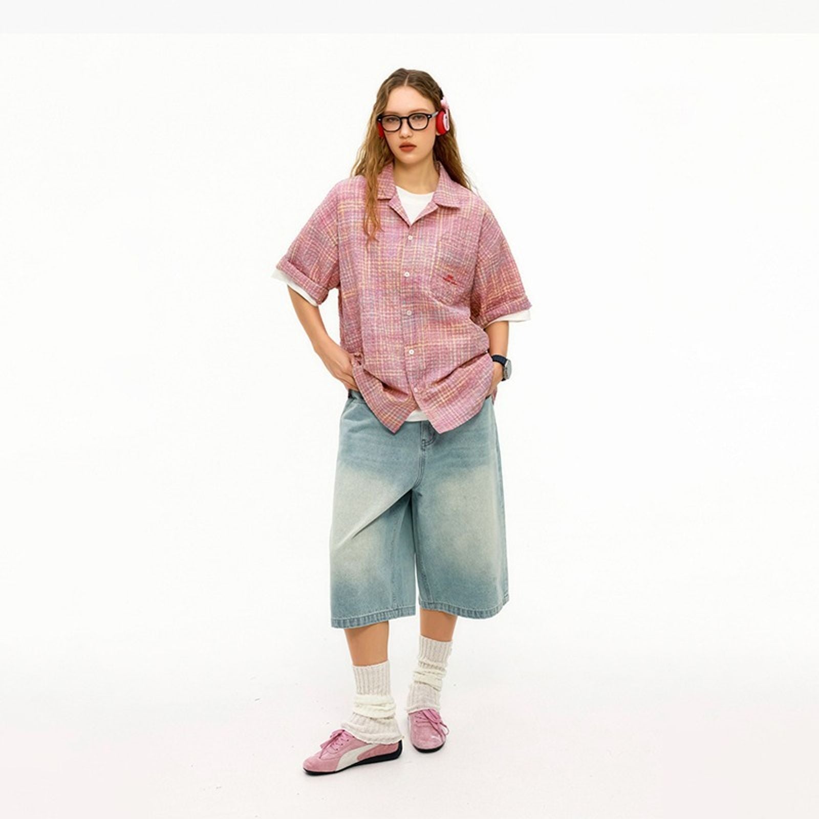 Women's Pink Vintage Plaid Short Sleeve Cuban Collar Shirt