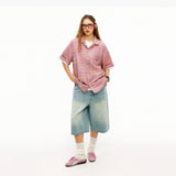 Women's Pink Vintage Plaid Short Sleeve Cuban Collar Shirt
