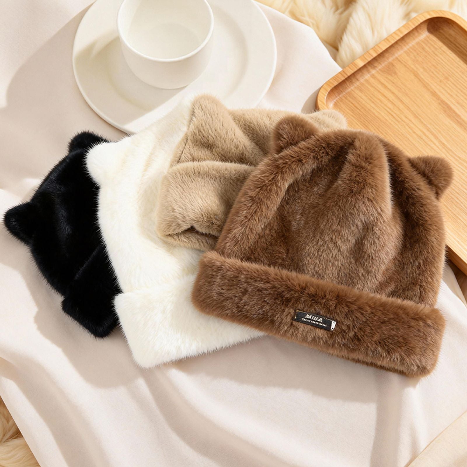 Iron Label Cute Plush Beanie Hat with Ears for Women