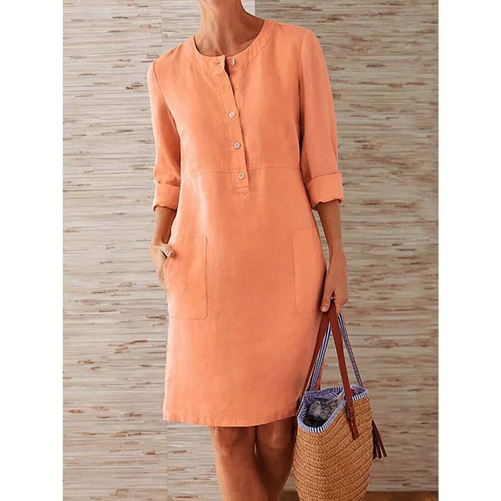 Women's Casual Long Sleeve Cotton Linen Tunic Dress