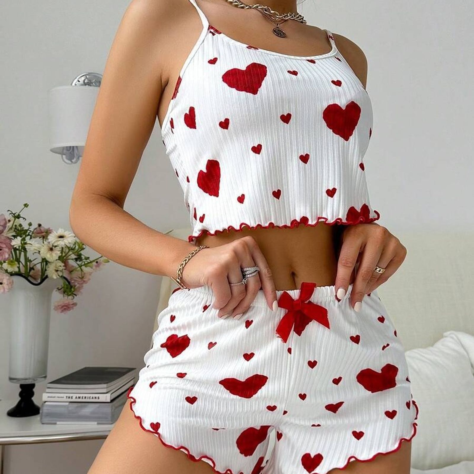 Womens 2PCS Heart Print Pajama Set - Sleeveless Crop Top & Shorts