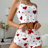 Womens 2PCS Heart Print Pajama Set - Sleeveless Crop Top & Shorts