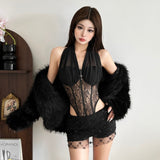 Mesh Patchwork Bodysuit - Halter Low-Neck Backless