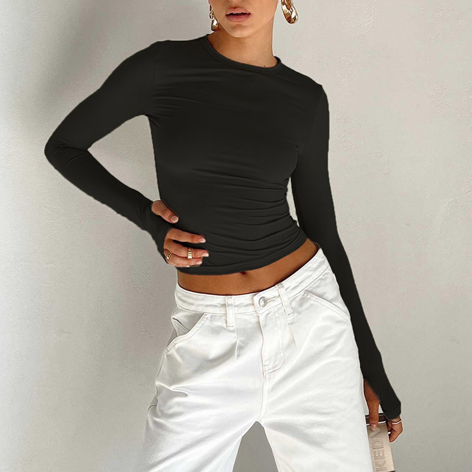 Womens Long Sleeve Crew Neck Crop Top with Thumb Holes