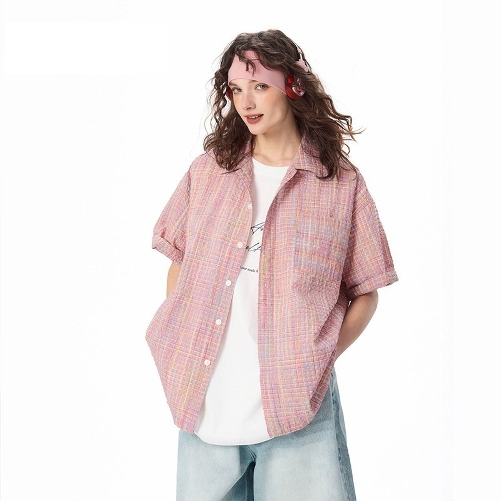 Women's Pink Vintage Plaid Short Sleeve Cuban Collar Shirt