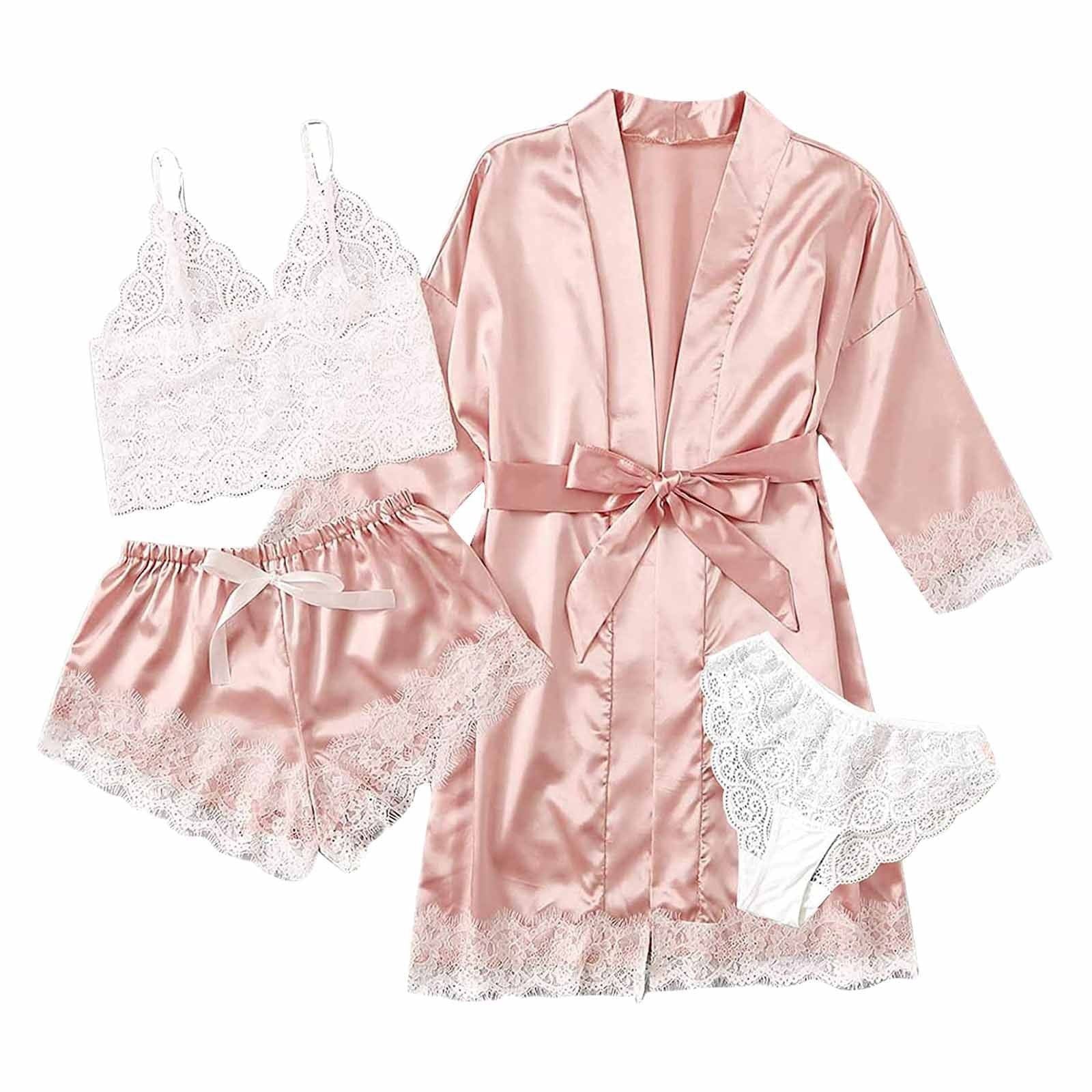 4pcs Women's Striped Lingerie Set with Lace Trim