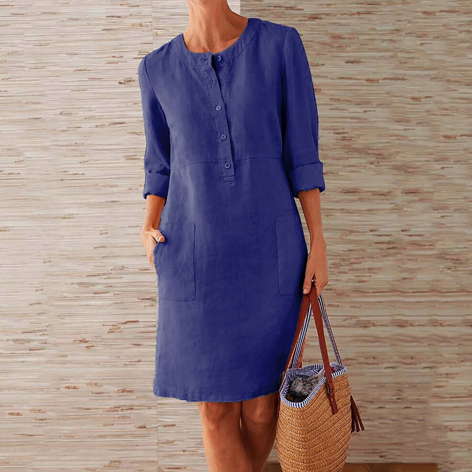 Women's Casual Long Sleeve Cotton Linen Tunic Dress