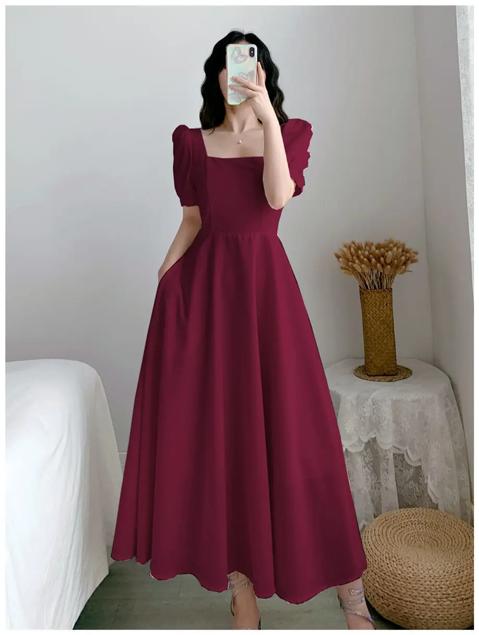 Slim Fit White Bubble Sleeve Dress with Square Neck