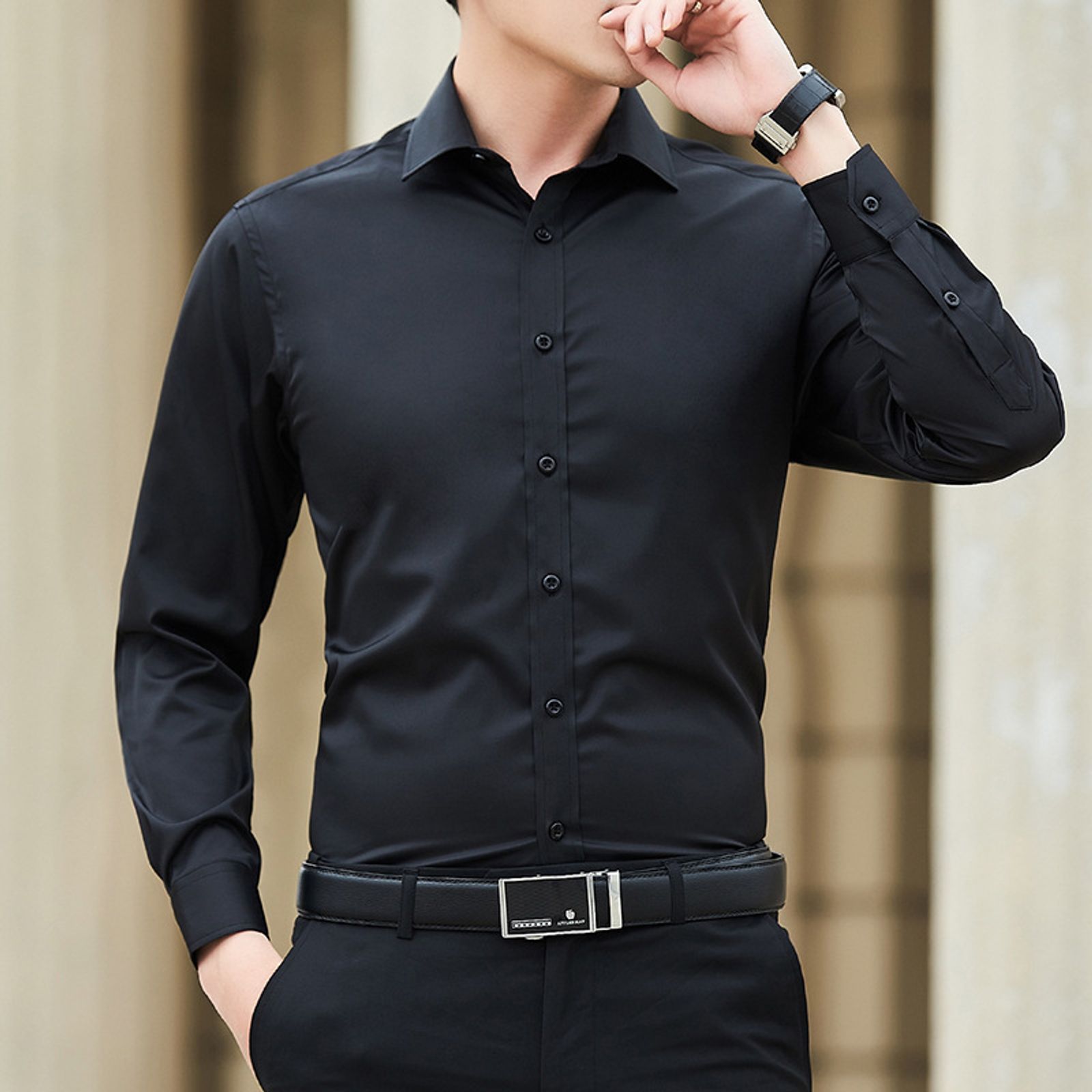 Plus Size Men’s Solid Color Long Sleeve Business Shirt
