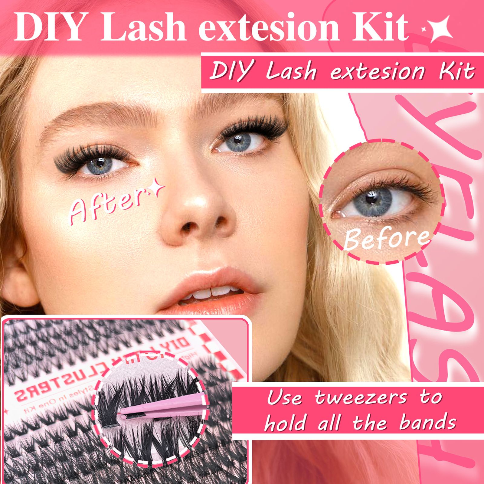 DIY Eyelash Extension Kit with Tweezers and Glue