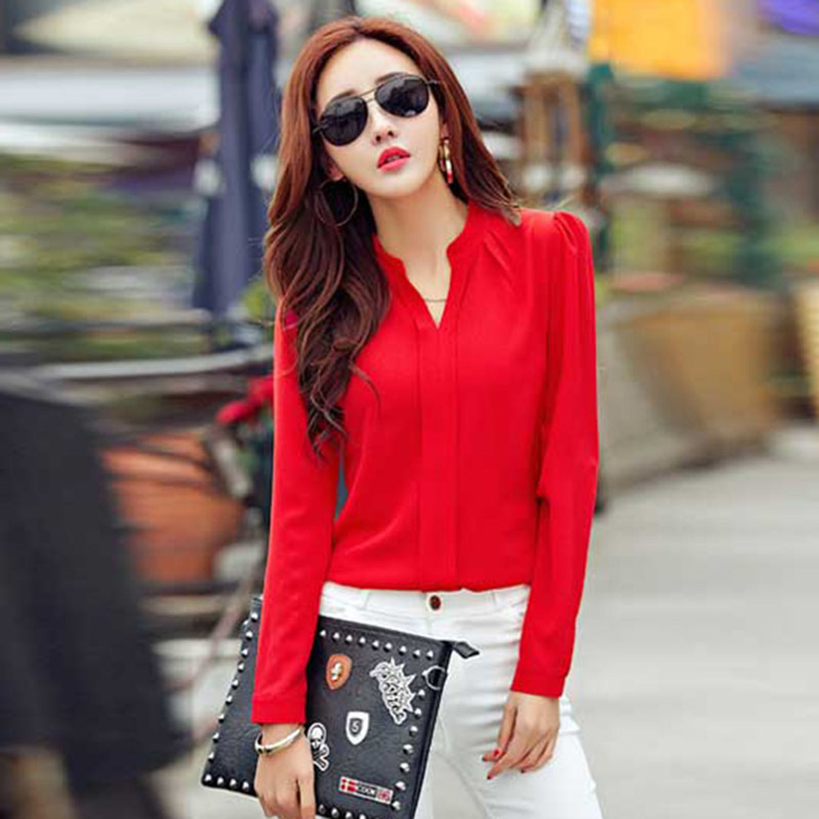 Women's Long Sleeve Chiffon Blouse - Elegant V Neck Shirt
