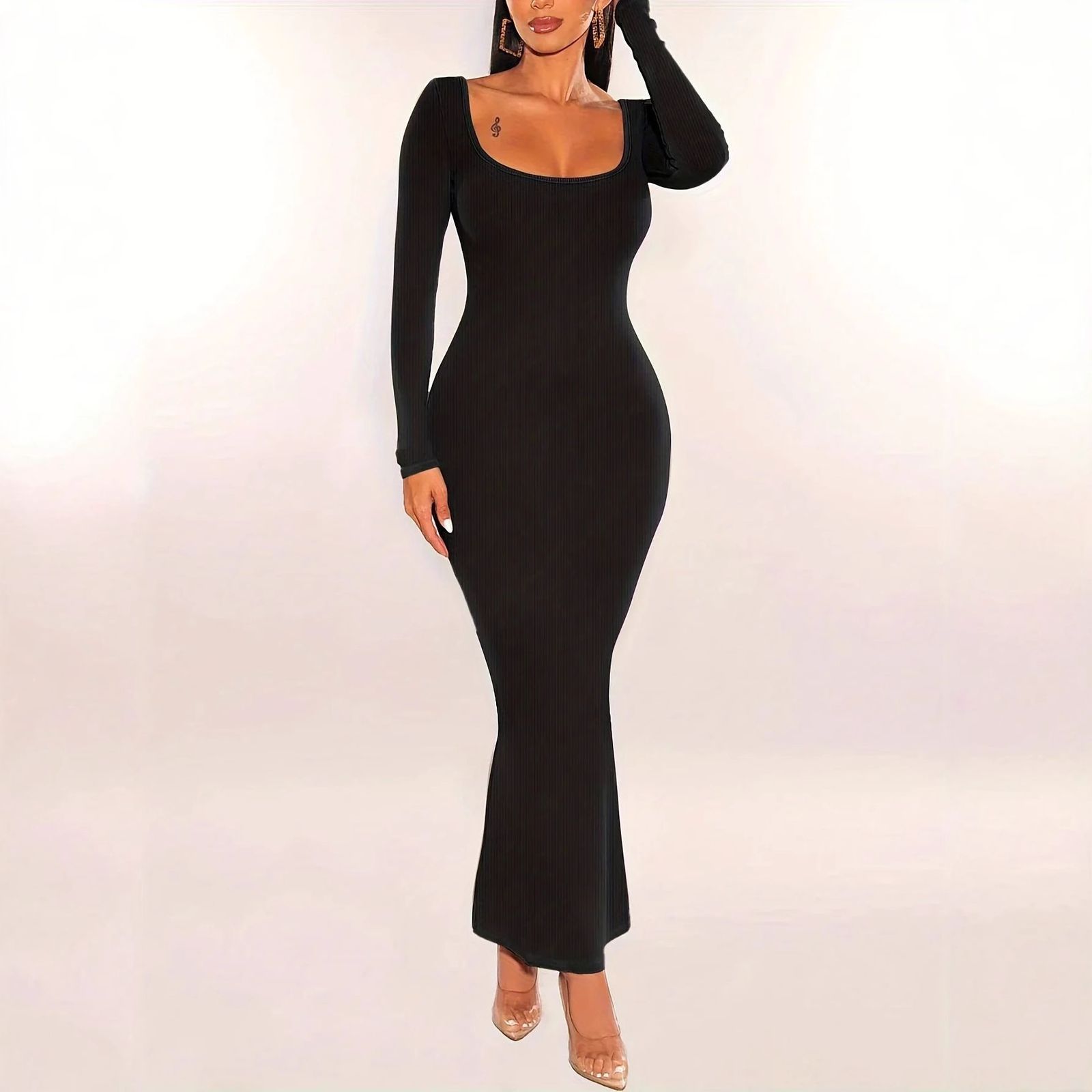 Slim Fit U-Neck Long Sleeve Wrap Dress
