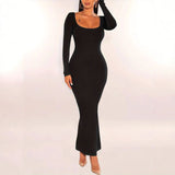 Slim Fit U-Neck Long Sleeve Wrap Dress
