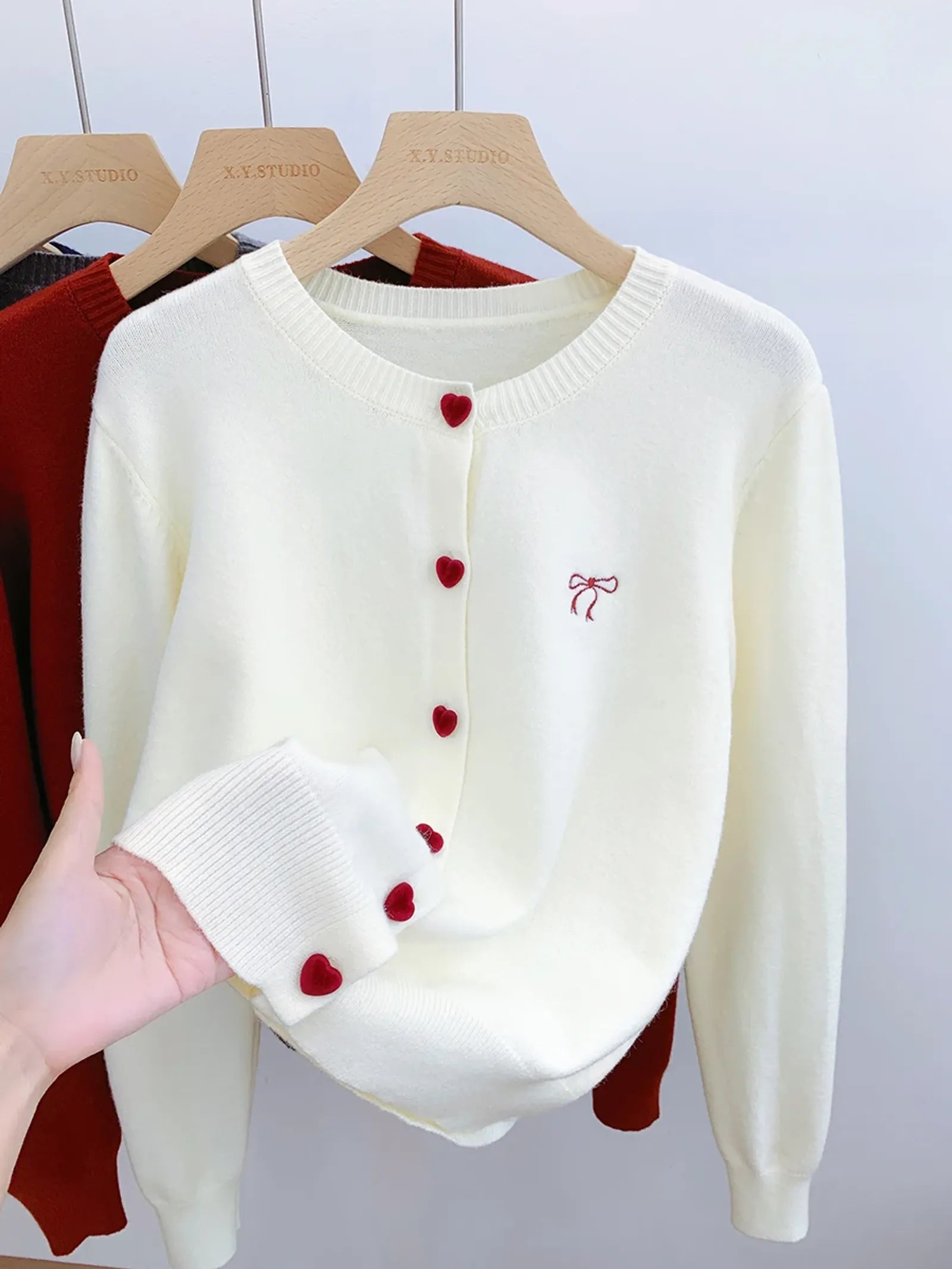 Women's O-Neck Heart Button Sweater Cardigan with Bow Embroidery