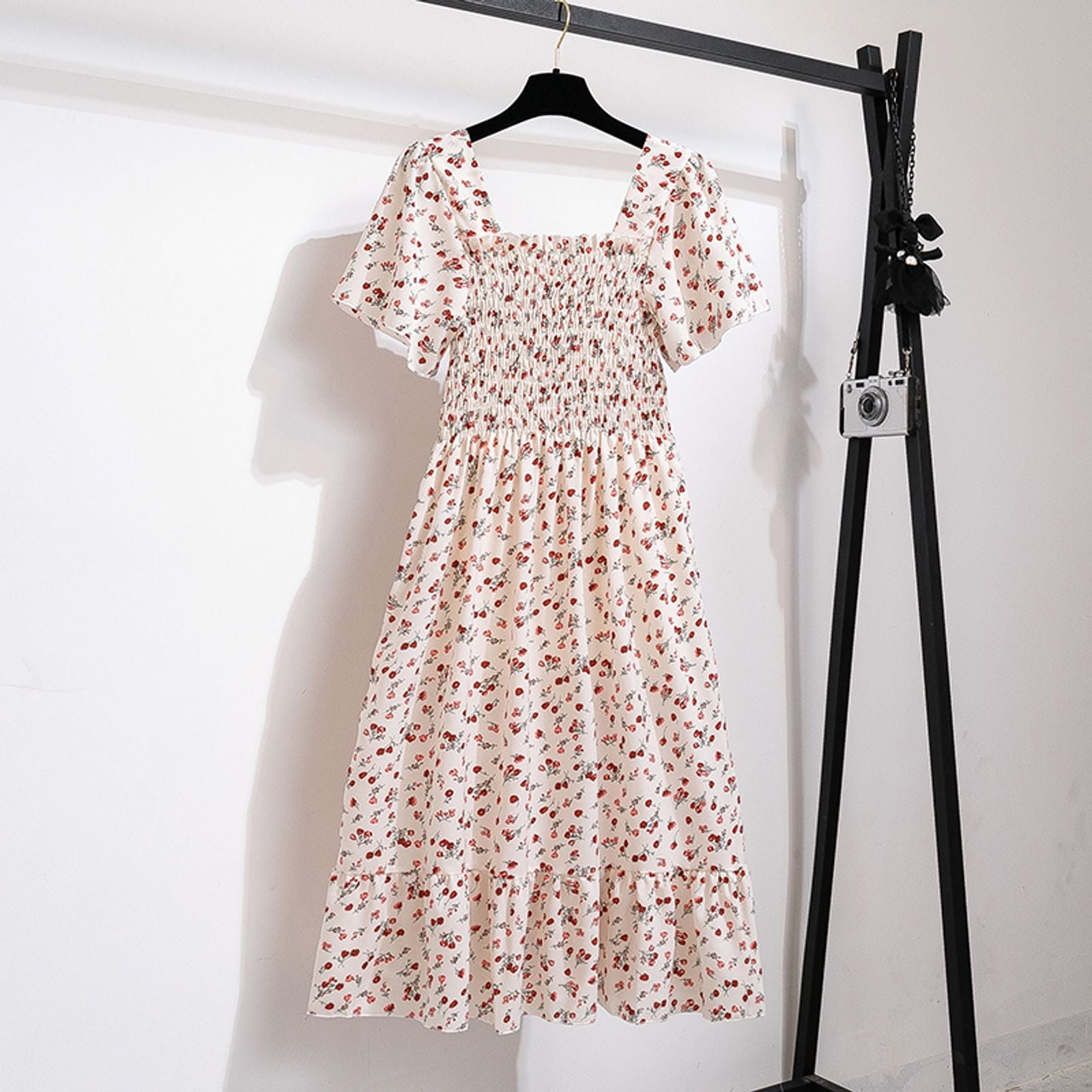 Spring Summer Floral Chiffon Midi Dress for Women