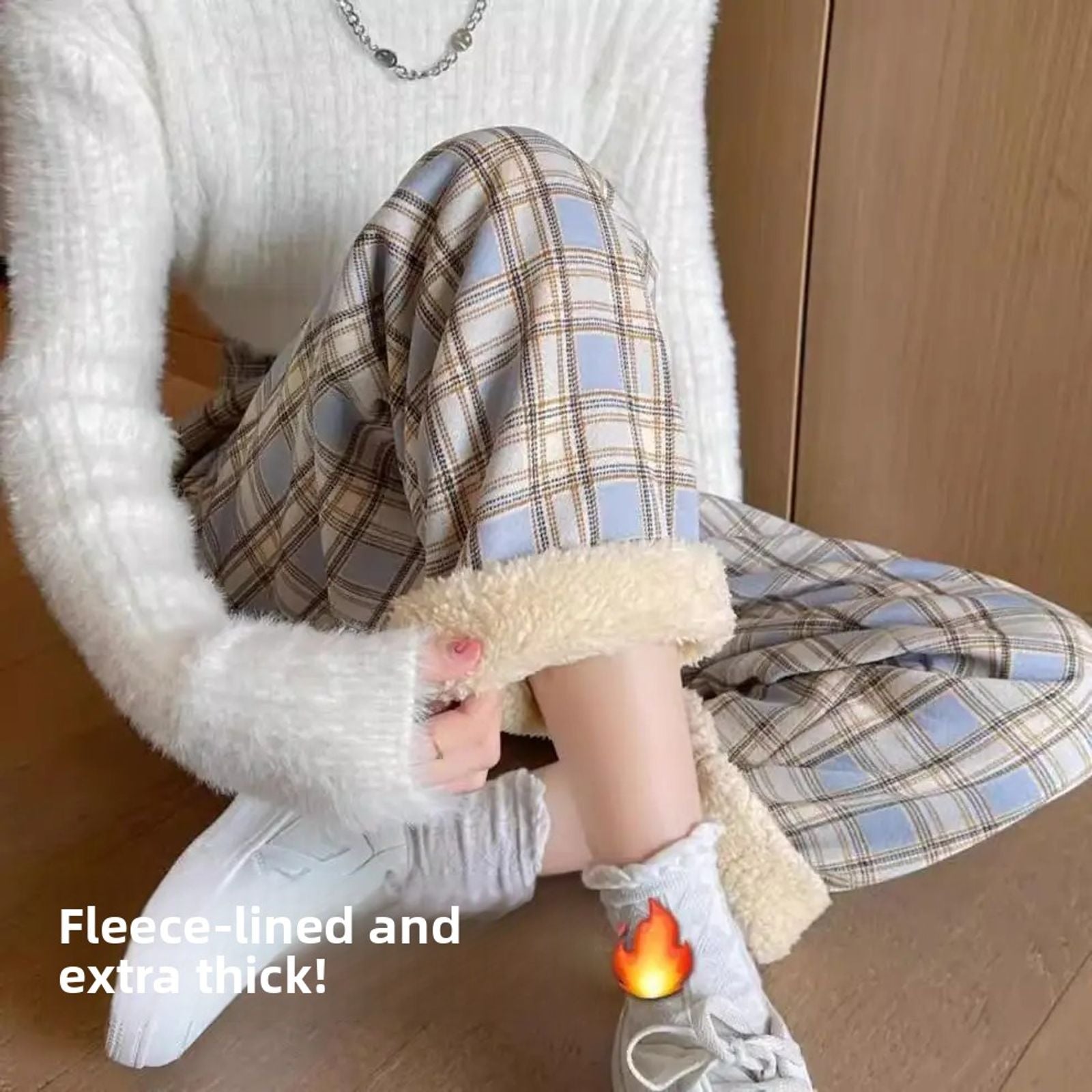 Lamb Velvet Fleece Lined Plaid Wide Leg Pants for Women